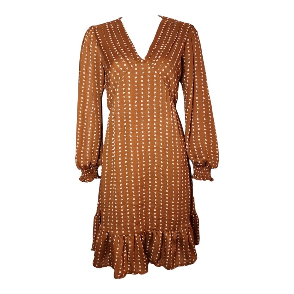 Downeast Dress Womens Size S Small Brown White Chiffon Lined Geometric Pullover‎